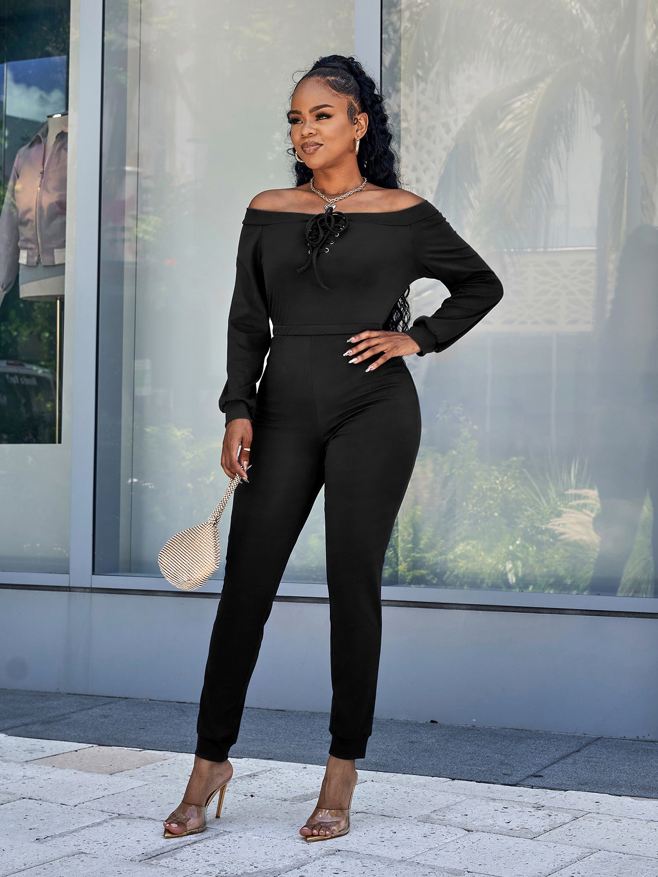 Lace-Up Off-Shoulder Long Sleeve Jumpsuit