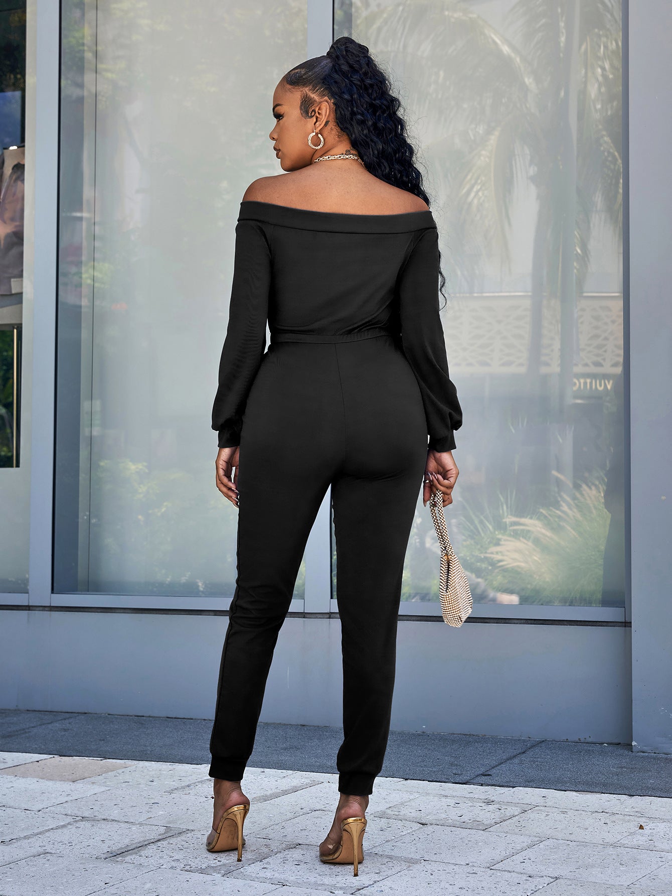 Lace-Up Off-Shoulder Long Sleeve Jumpsuit